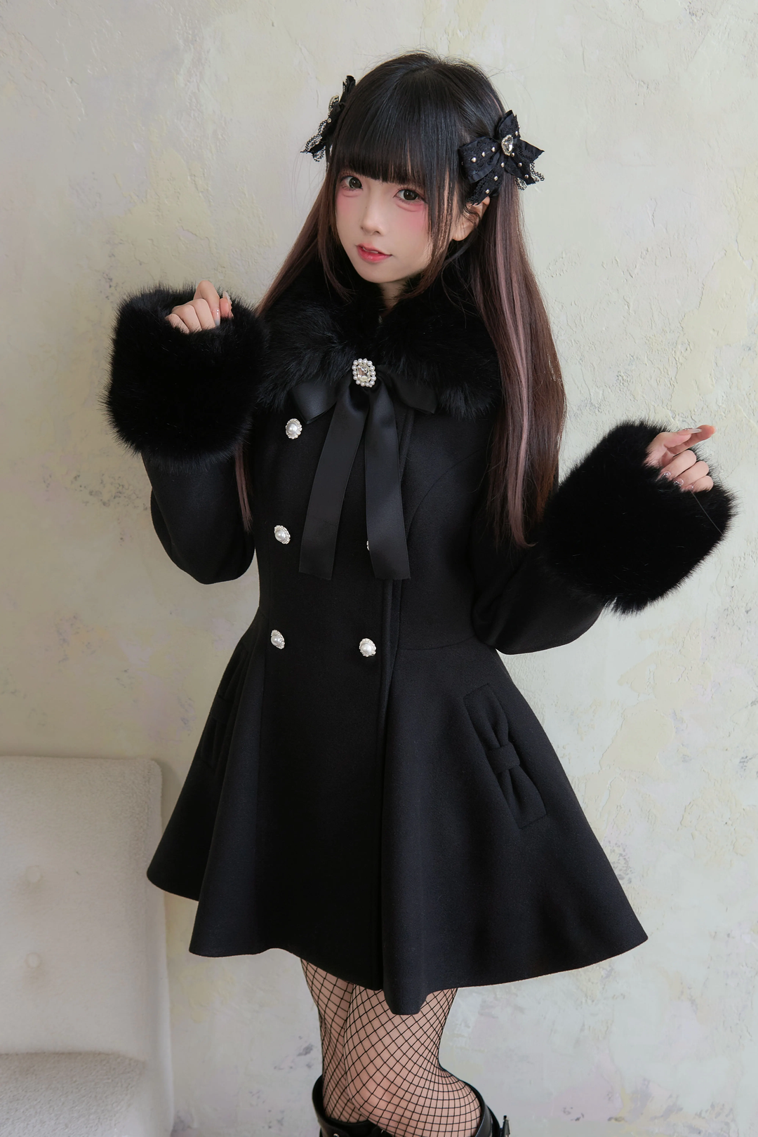 Jirai Kei Winter Coat Mid-length Coat Slim Fit Big Hem Coat 40570:674372