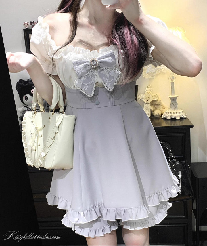 Puff Sleeve Jirai Kei Dress with Lace Bow and Shorts (F) 43072:766142