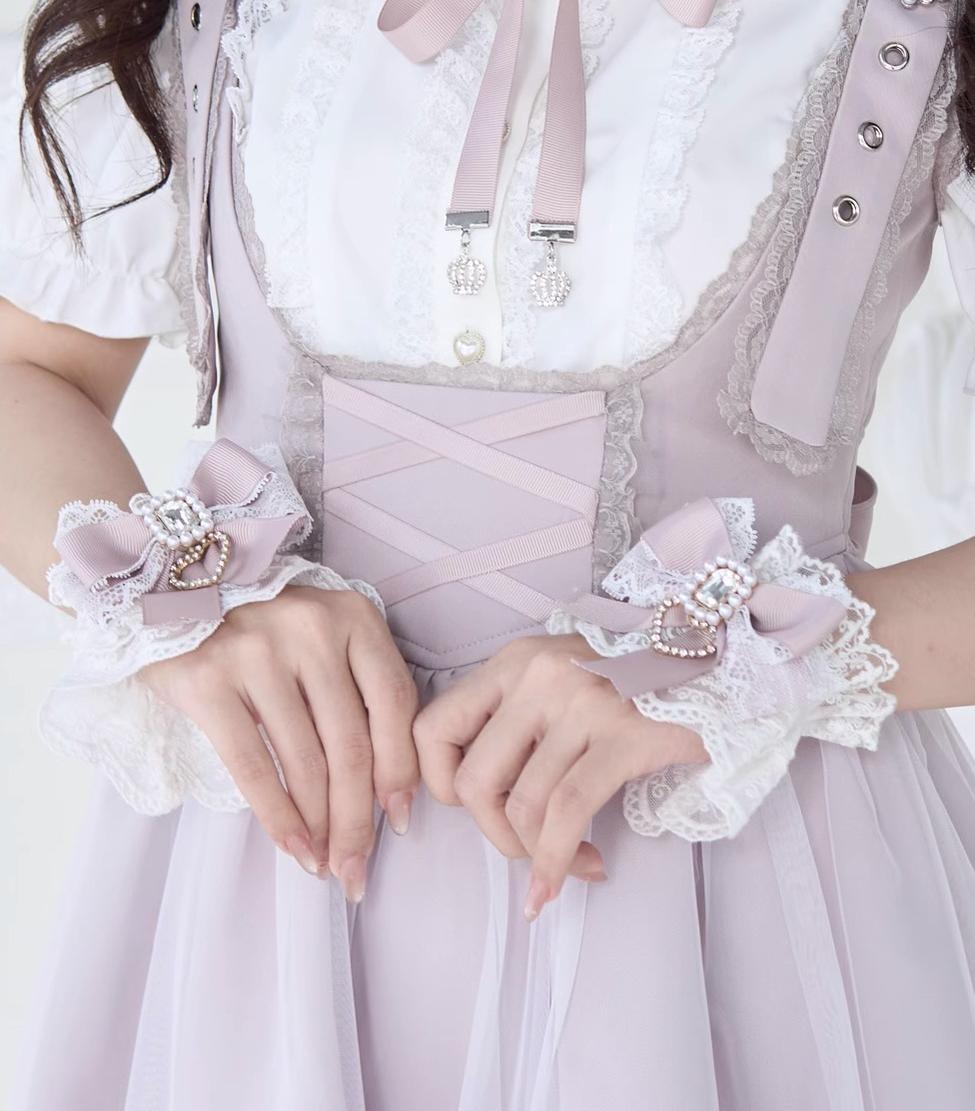 Jirai Kei Lace Cuffs, Pearl, Rhinestone & Heart Pendant 43317:774266