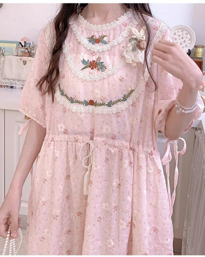 Mori Kei Dress Pink Floral Dress Short Sleeve Dress 36208:523664