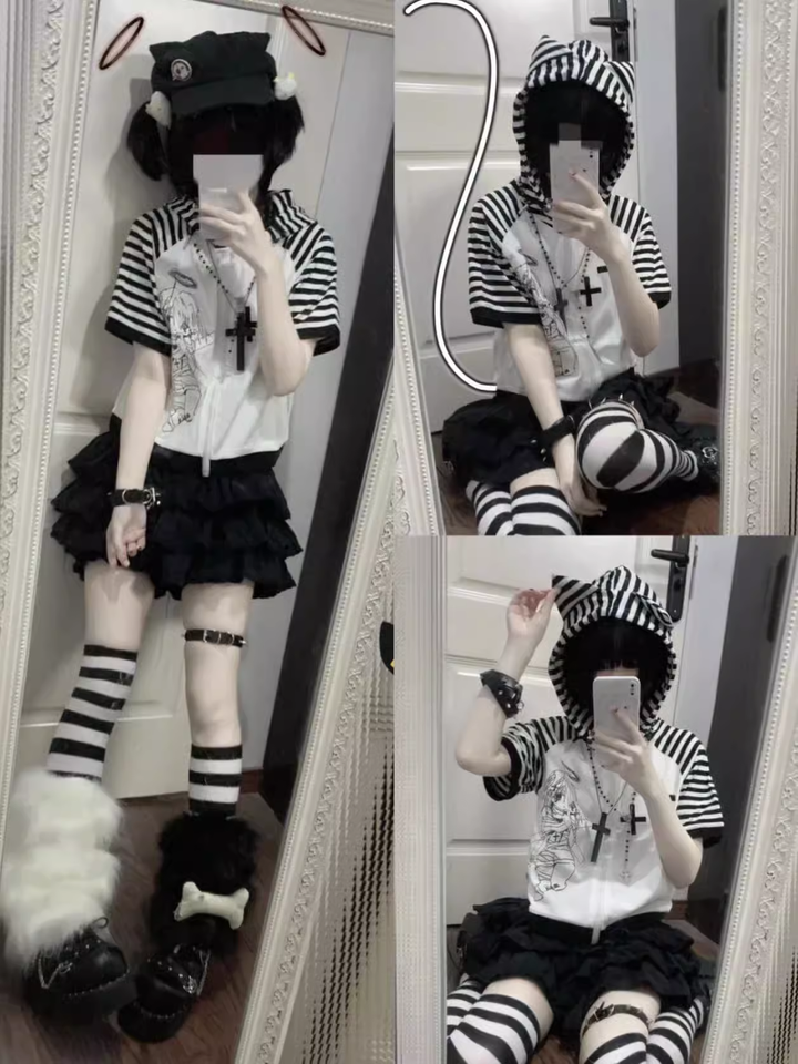 Yami Kawaii T-shirt Black and White Striped Top With Hood 37272:553702 37272:553702