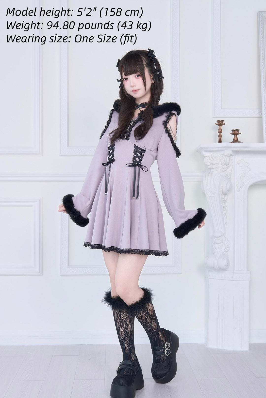 Open-Shoulder Jirai Kei Dress, Oversized Hood 43940:789829