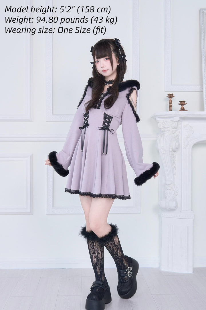 Open-Shoulder Jirai Kei Dress, Oversized Hood 43940:789829
