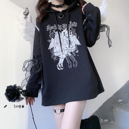 Jirai Kei Hoodie Black Top Angel Printed Hoodie Lace Up 37572:563104