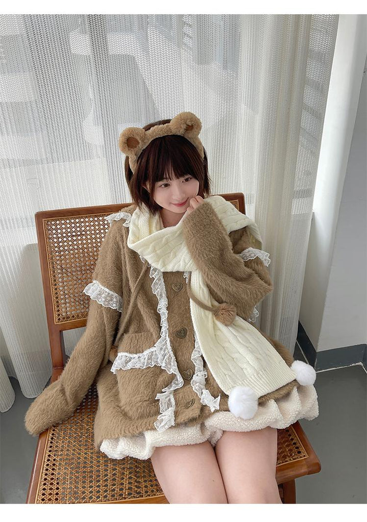 Kawaii Coat Sweater Bunny Ear Lace Knitted Hooded Cardigan 40338:665436