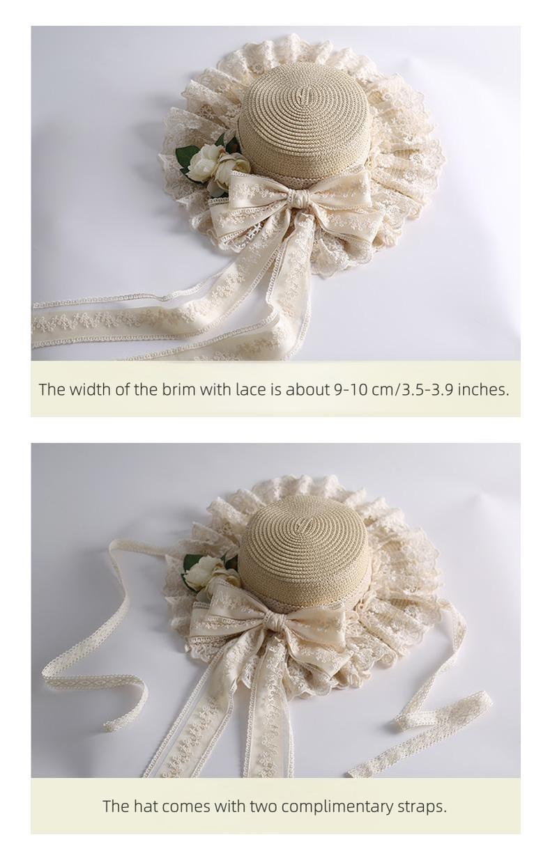 Mori Kei Sunhat Beige Country Lolita Hat With Lace Bow And Soft Straw 42247:734874