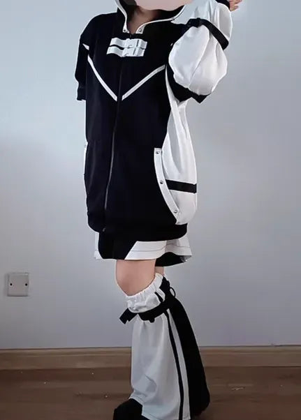 Jirai Kei Outfit Cat Hoodie Black White Coat Shorts Leg Warmer Set 41330:701436