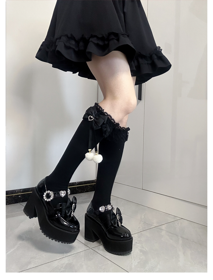 Jirai Kei Knee Socks Lace Bow Pom-Pom Mid-Calf Socks 40886:678950