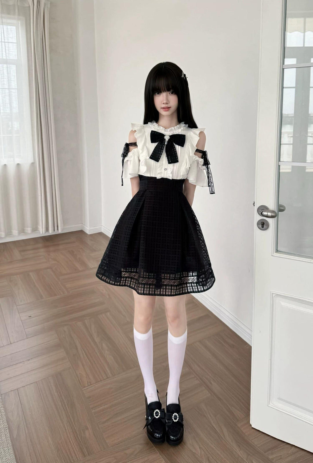 Seiso Kei Open Shoulder Dress, Black Lace Straps 45799:863067
