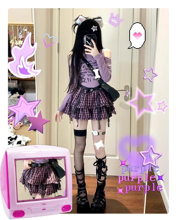 Jirai Kei Outfit Set Purple Bunny Ears Top Plaid Skirt 35824:506554 35824:506554