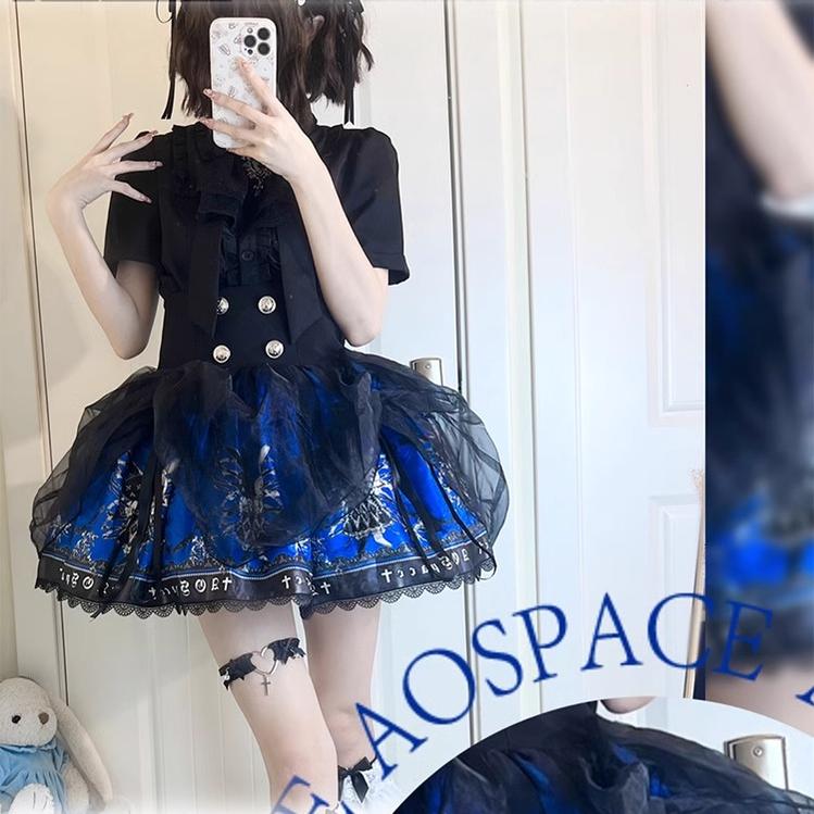 Black Lolita Skirt High-Waisted Print Skirt With Lace Trim 37562:563846