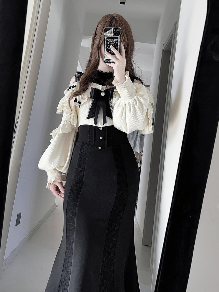 Seiso Kei Long Dress, Black & Beige Color Blocking 44785:828003