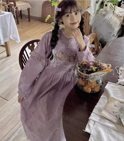 Mori Kei Dress Cottagecore Dress Purple Embroidered Dress 36248:534796