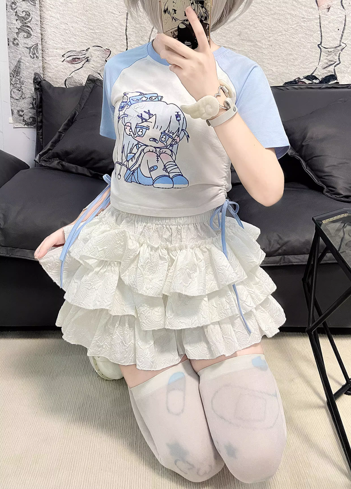 Tenshi Kaiwai T-shirt Cartoon Print Drawstring Top 38826:610268