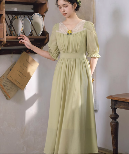Mori Kei Dress Elegant Dress Matcha Green Lace Trim Dress 36344:547360