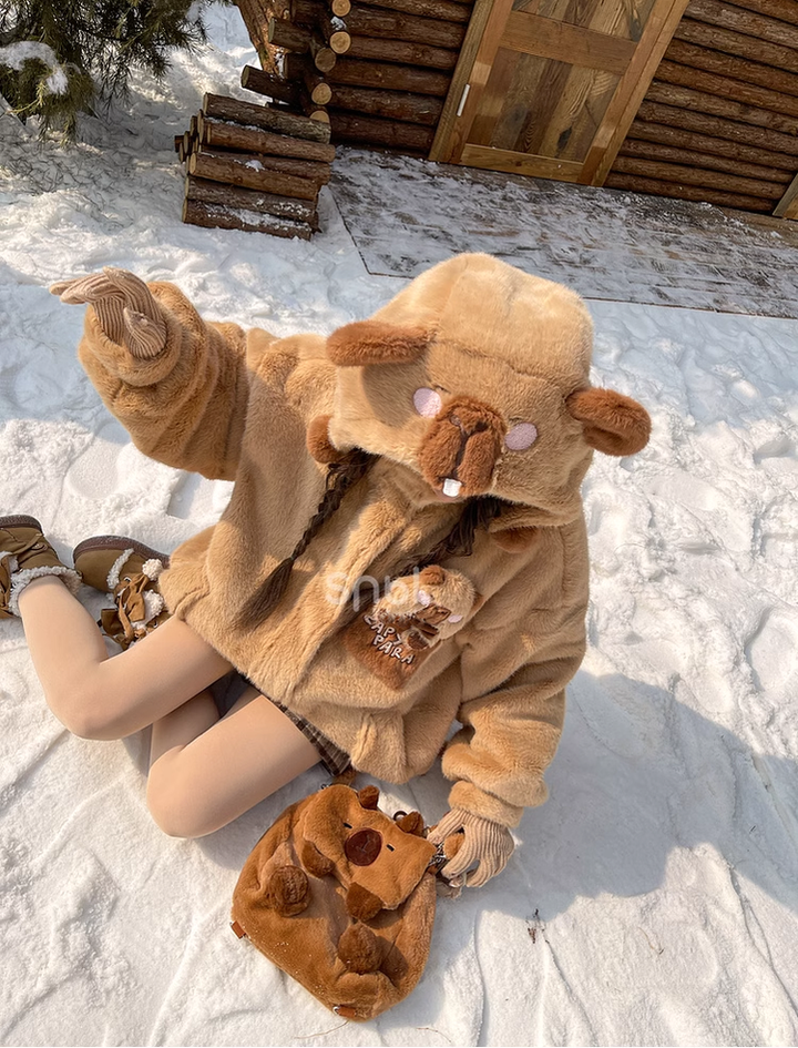 Kawaii Winter Coat Fleece Brown Hooded Coat With Bear Ears 40222:659212