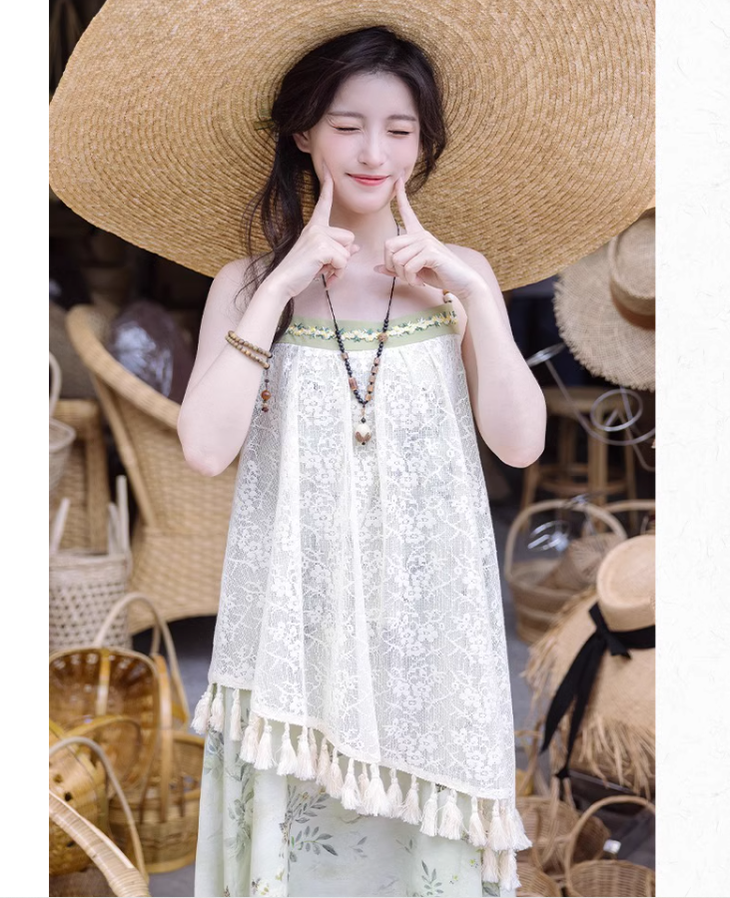 Cottagecore Dress Mori Kei Strap Dress Floral Dress With Tassels 36246:534478