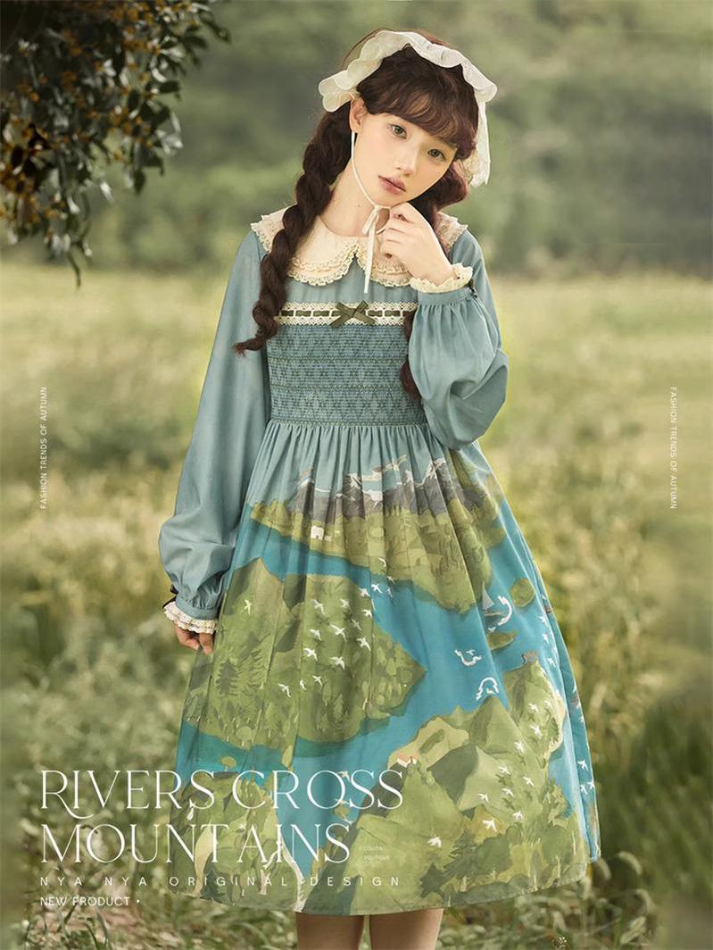 Lolita Dress Rivers Cross Mountains Print Lolita Dress Set 39412:627118