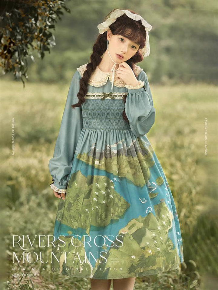 Lolita Dress Rivers Cross Mountains Print Lolita Dress Set 39412:627118