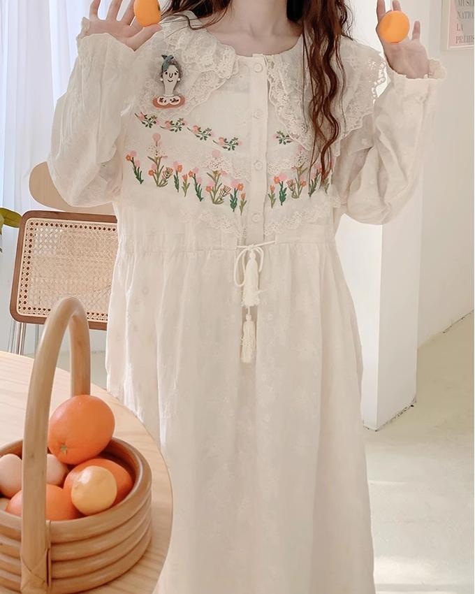 Mori Kei Peter Pan Collar Beige Lace Embroidery Long Sleeve Dress 22568:329398 22568:329398