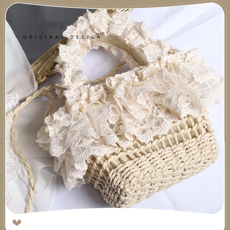 Mori Kei Bag Cottagecore Beach Knitted Bag Lolita Lace Bag (Apricot) 36440:522602 (Apricot) 36440:522602