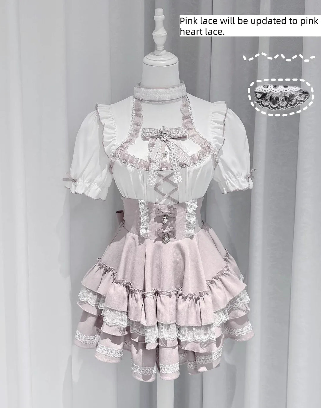 Jirai Kei Heart Lace Collar Blouse, High-waisted Tiered Skirt 45726:862775