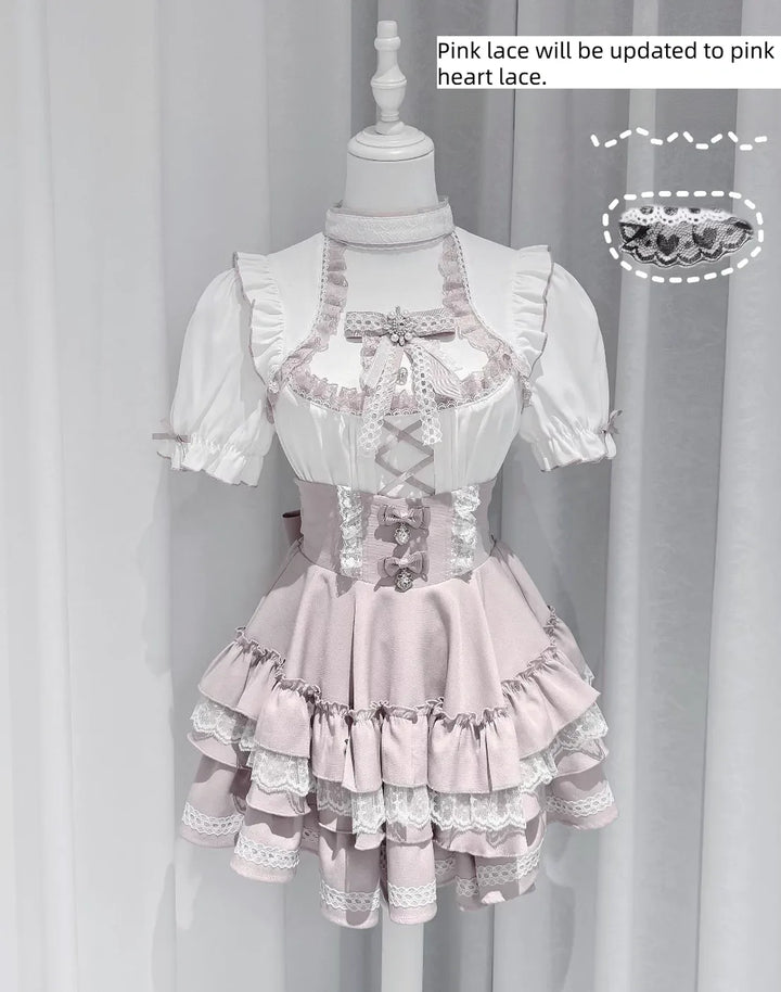 Jirai Kei Heart Lace Collar Blouse, High-waisted Tiered Skirt 45726:862775