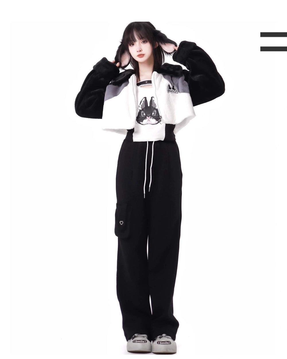 Punk Fashion Outfit Set Faux Fur Coat Fleeced Pants 40246:663446