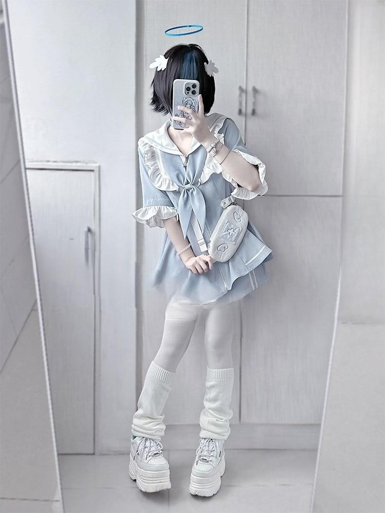 Jirai Kei Set Up Blue Lace Dress And Shorts Set 37046:546724