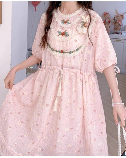 Mori Kei Dress Pink Floral Dress Short Sleeve Dress 36208:523676