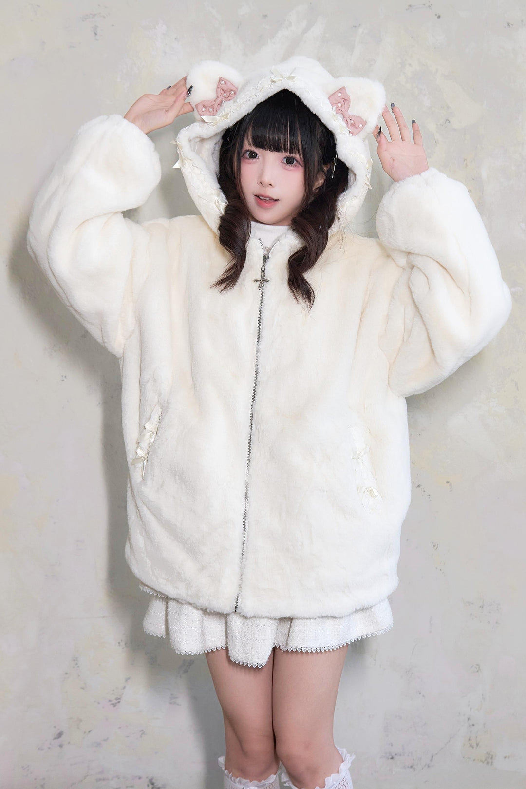 Jirai Kei Winter Coat Fleece Cat Ear Hooded Lace Bows Coat 41408:698074