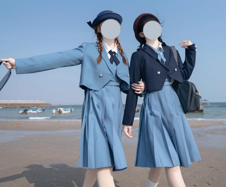 Gay-Blue Knee-Length JK Uniform, Detachable Vest 43446:778486