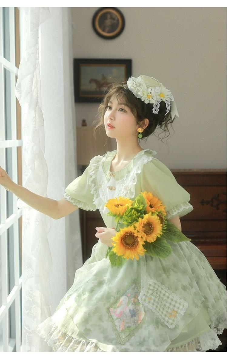 Cottagecore Dress Green Patchwork Lace Lolita Dress 35906:568968