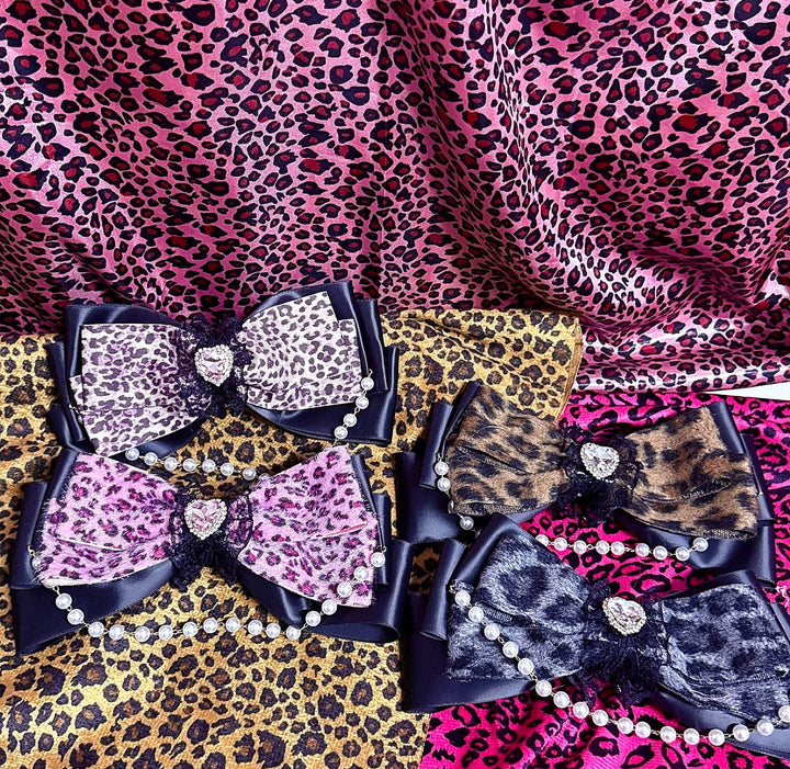 Gyaru Leopard Bow Hair Clip, Pearl Chain and Heart Rhinestone 45524:852177