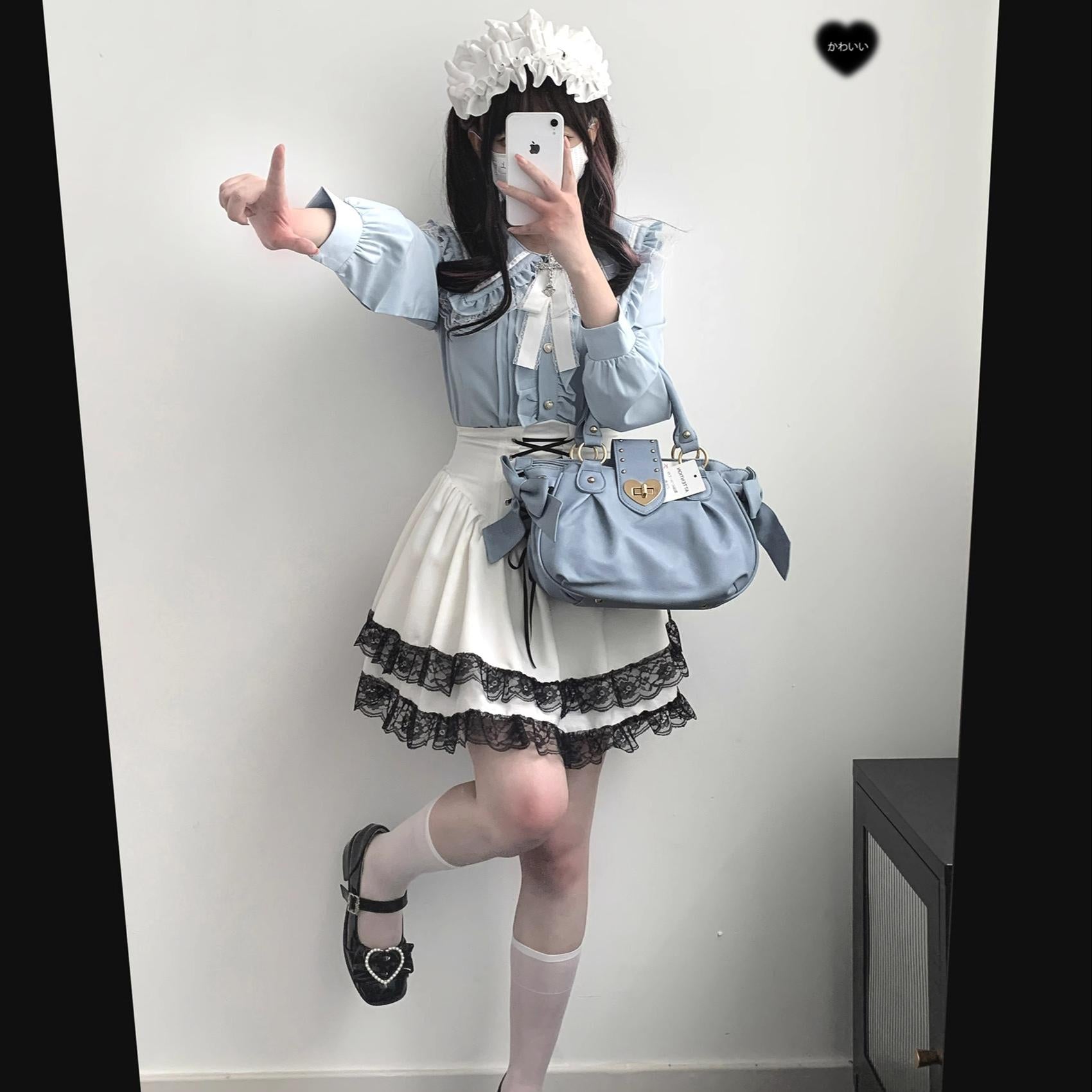 Jirai Kei Blouse Sailor Collar Shirt Cross Lace Long Sleeve Blouse 36780:537476