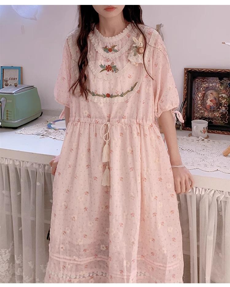 Mori Kei Dress Pink Floral Dress Short Sleeve Dress 36208:523678