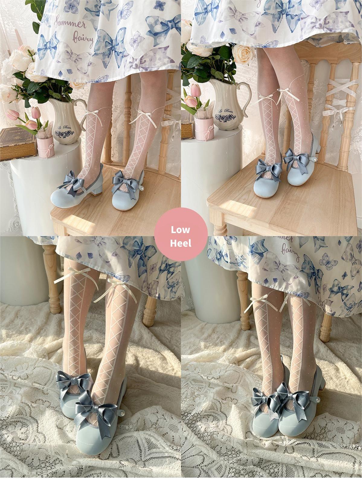 Lolita Shoes Green Blue Shoes Round Toe Cute Leather Heels 37060:546578