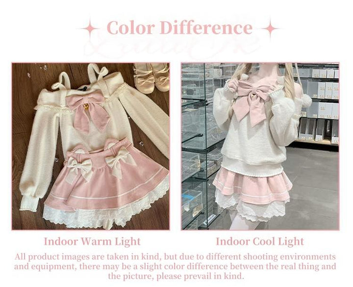 Kawaii Sweater White Off-Shoulder Top Pink Skirt Set 40900:698098