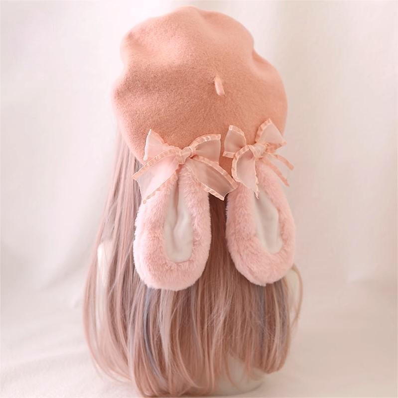 Jirai Kei Pink Hat Plush Rabbit Ear Bow Wool Beret 33804:447150 33804:447150