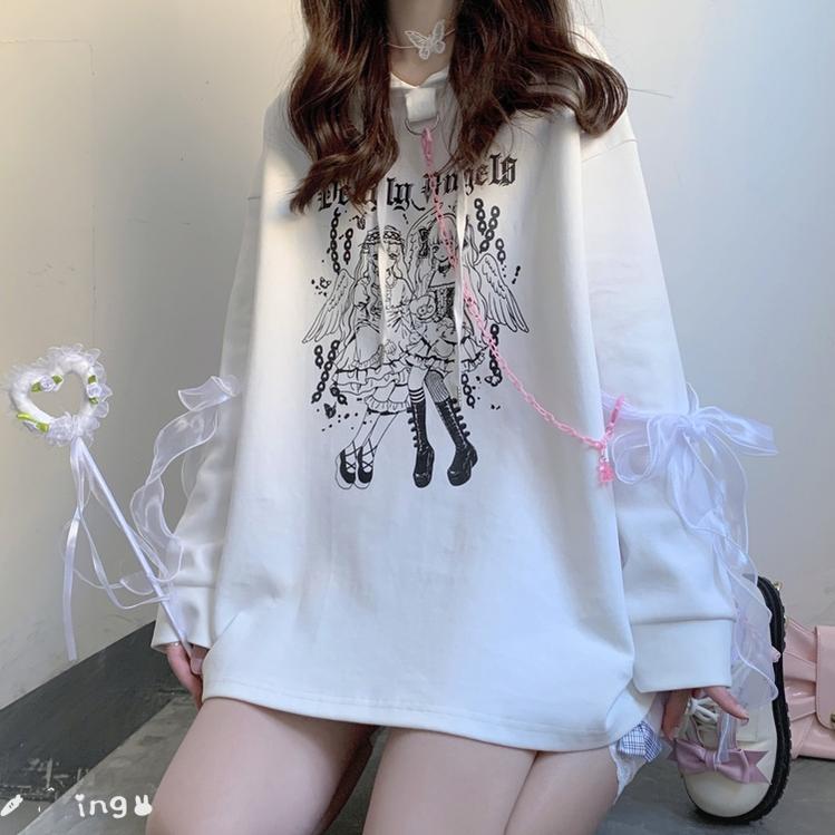 Jirai Kei Hoodie Black Top Angel Printed Hoodie Lace Up 37572:563108