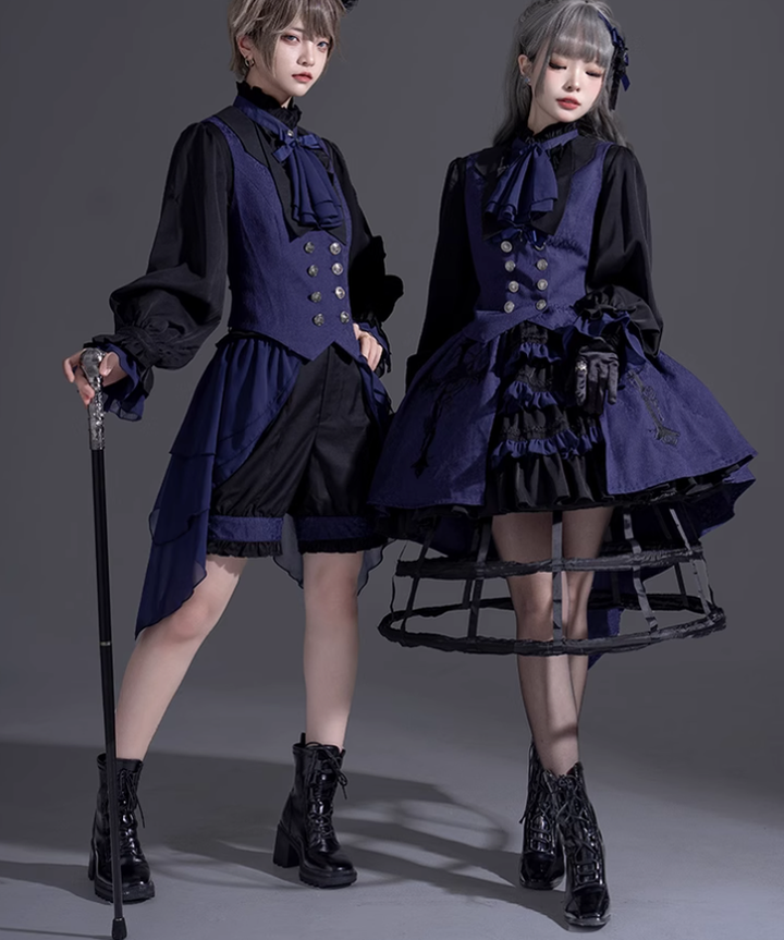 Ouji Lolita Prince Outfit Navy Blue Lolita Blouse Skirt Set 39360:633356