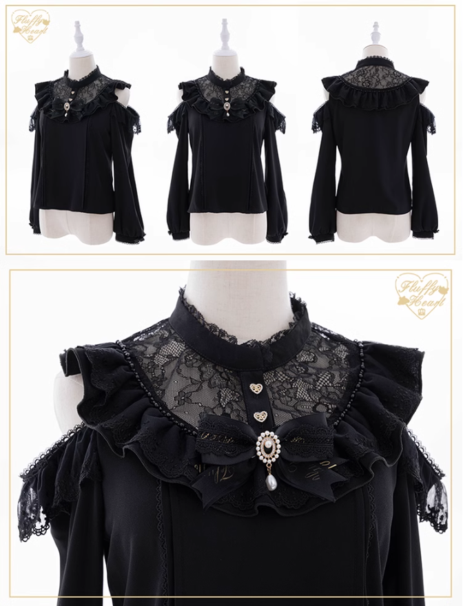 Lace Off-Shoulder Jirai Kei Blouse With Bow Brooch 41684:732842