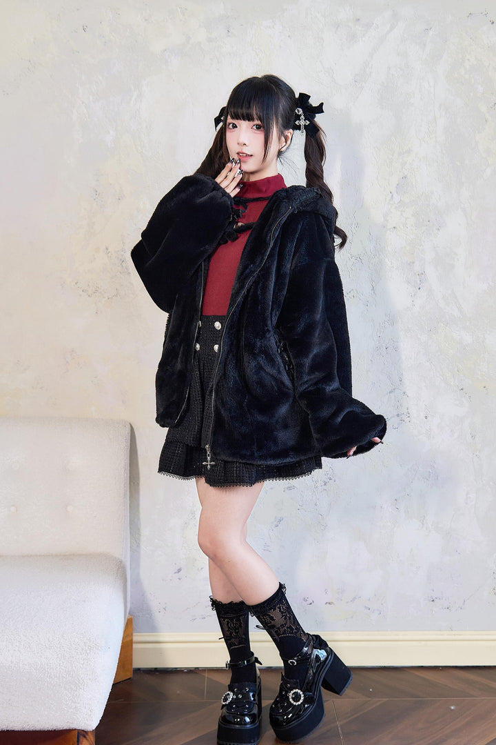 Jirai Kei Winter Coat Fleece Cat Ear Hooded Lace Bows Coat 41408:698040