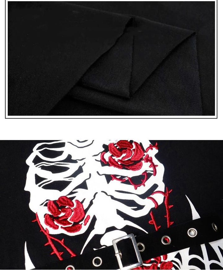 Gothic Skull Embroidered T-Shirt Detachable Sleeves and Leather Buckle 35726:502772