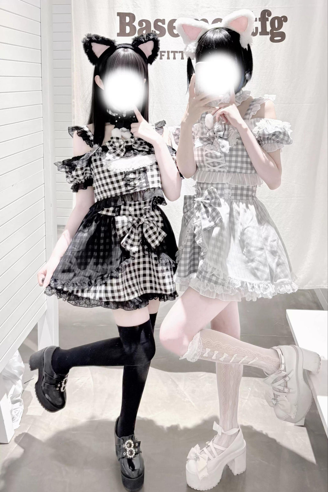 Plaid Stage Jirai Kei Outfit, Furry Bunny Ear Blouse, Skirt 43614:780918