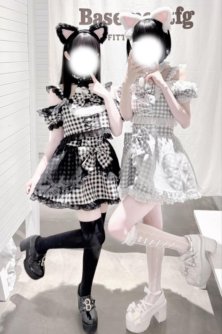 Plaid Stage Jirai Kei Outfit, Furry Bunny Ear Blouse, Skirt 43614:780918