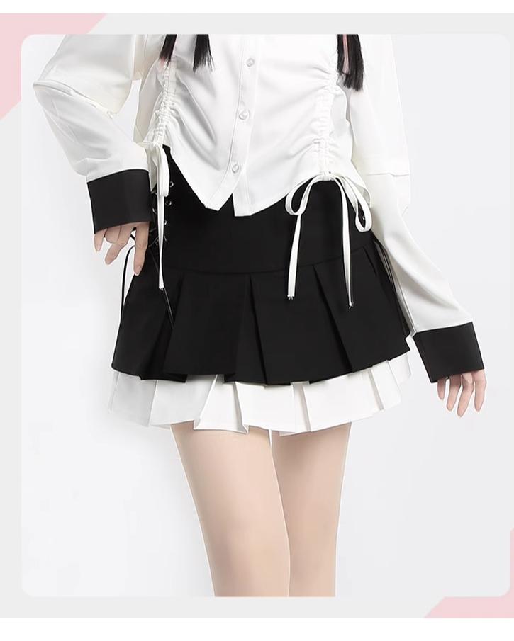 Kawaii Fashion Black Skirt Side Lace Up Pleated Skirt 22750:326964