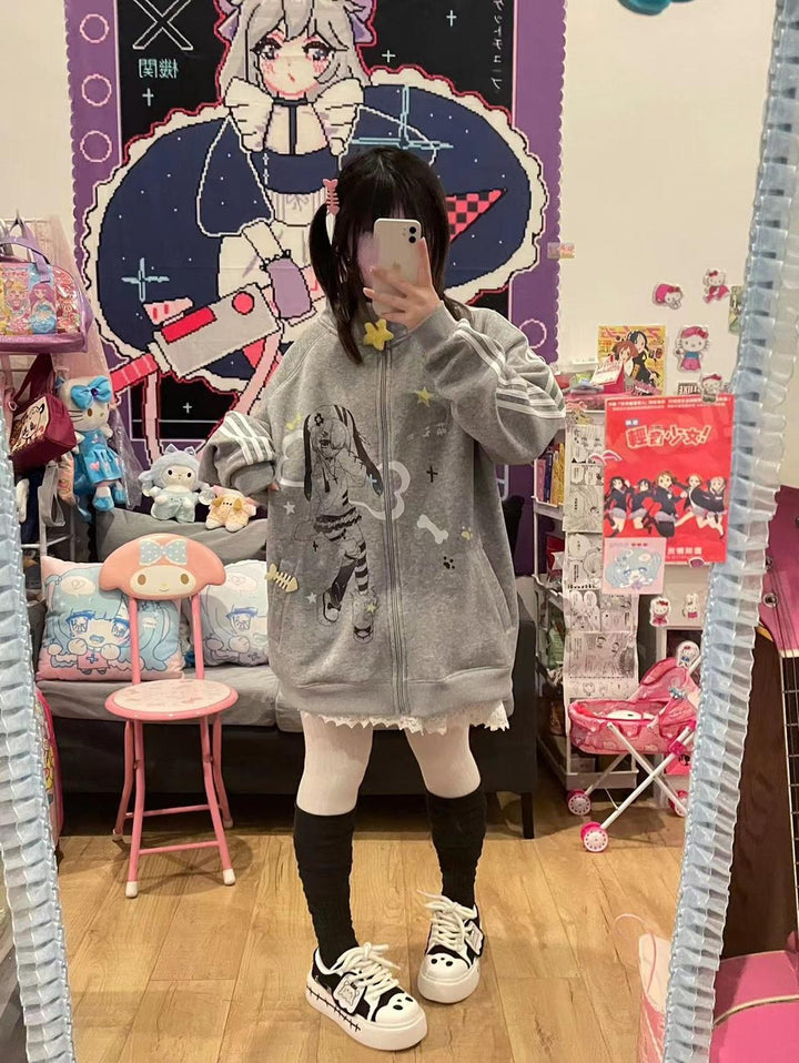 Plus Size Kawaii Jacket Grey Stand Collar Hoodie 35340:489210 35340:489210