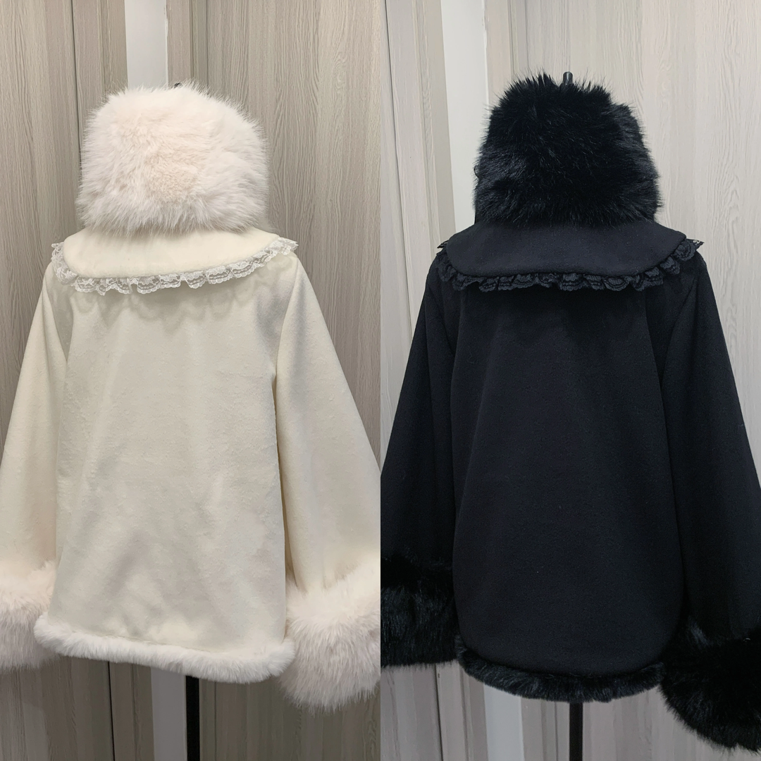 Jirai Kei Wool Coat Fur Collar Big Bow Knot Winter Coat 40572:674352