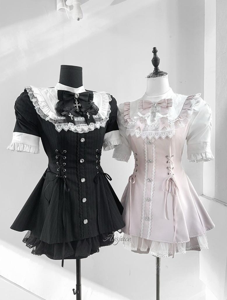 Short-sleeved Ryousangata Dress, Detachable Bowtie 43823:786787
